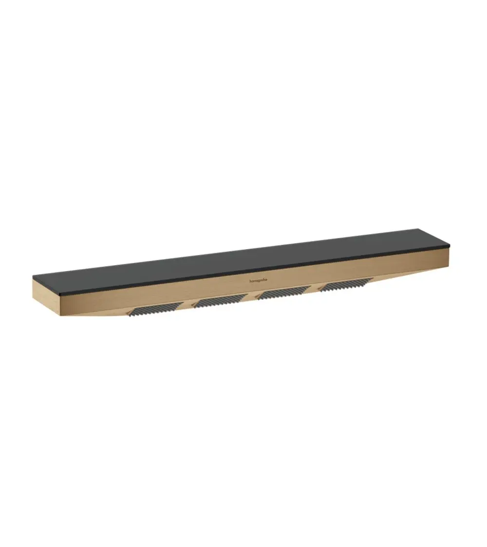 Schwarze Duschablage mit Holzoptik von Hansgrohe, rechteckig und langgestreckt, vorgesehen für Schulterbrause, mit rutschfester Oberfläche und integriertem Wasserablauf.